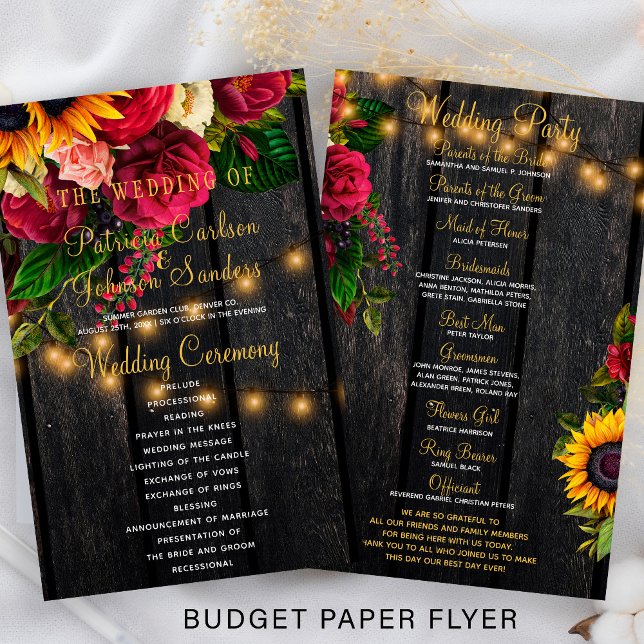 Budget rustic floral wood lights wedding program  flyer (Creator Uploaded)