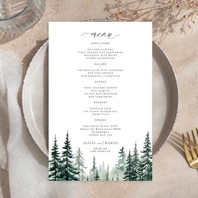 Budget rustic forest pine trees wedding menu  (Creator Uploaded)