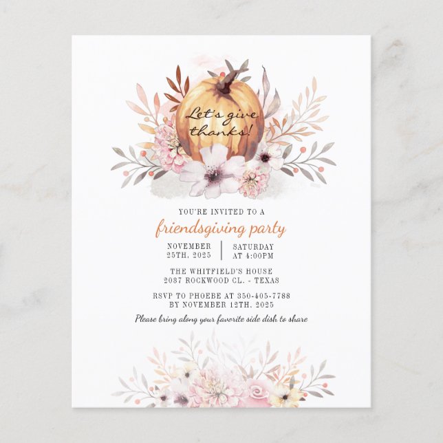 Budget Rustic Friendsgiving Floral Fall Pumpkin Flyer (Front)
