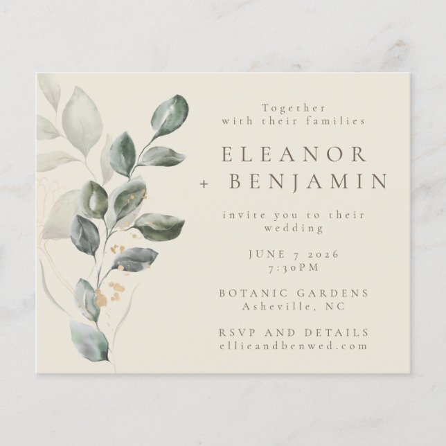 Budget Rustic Gold Greenery Wedding Invite (Front)