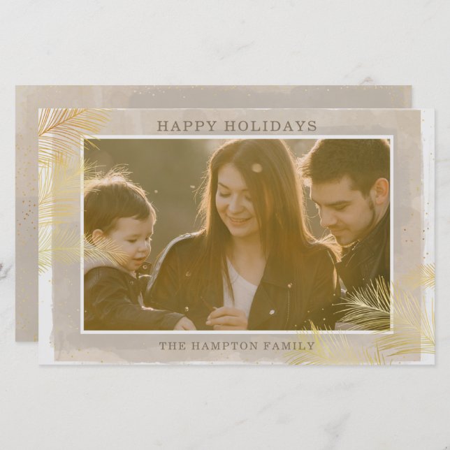 Budget Rustic Gold Pine Photo Holiday Card (Front/Back)