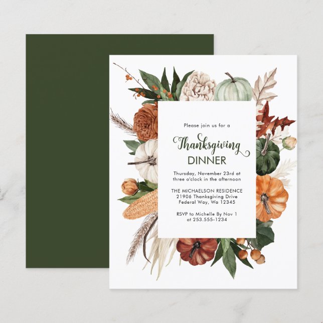 Budget Rustic Green Thanksgiving Dinner Invite (Front/Back)