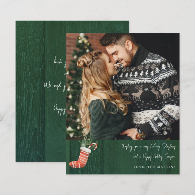 Budget Rustic Green Wood & Christmas Stocking Note (Front/Back)