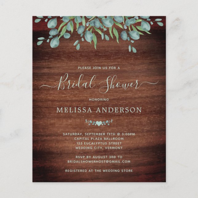 Budget Rustic Greenery Bridal Shower Invitation  (Front)