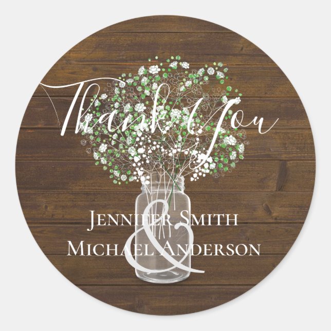Budget Rustic Gypsophila Mason Jar Wedding Classic Round Sticker (Front)