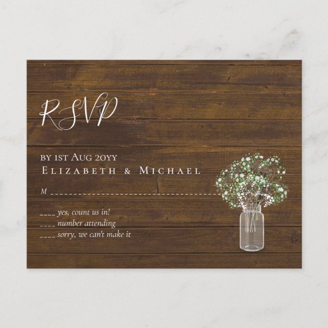 Budget Rustic Gypsophila Mason Jar Wedding RSVP Postcard (Front)