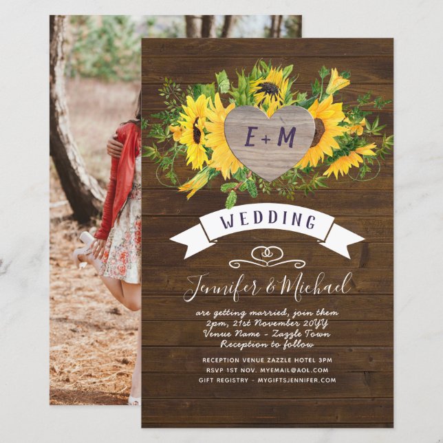 BUDGET Rustic Heart PHOTO Sunflower Wedding Invite (Front/Back)