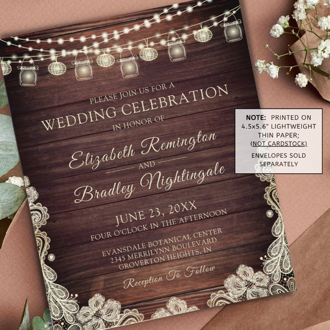 Budget Rustic Lights Jars Lace Wedding Invitation (Creator Uploaded)