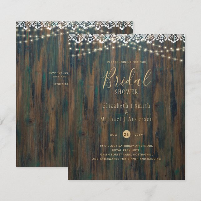 BUDGET RUSTIC LIGHTS LACE BRIDAL SHOWER INVITE FLY (Front/Back)