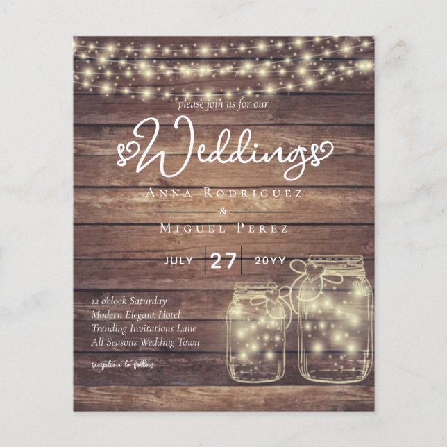 BUDGET Rustic Mason Jar Lights Wood WEDDING Flyer (Front)