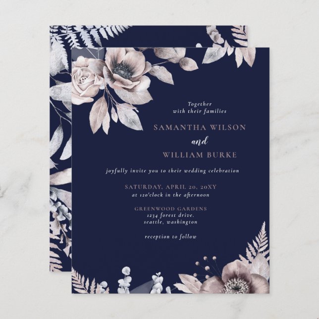 Budget Rustic Navy Floral Wedding Invitation (Front/Back)