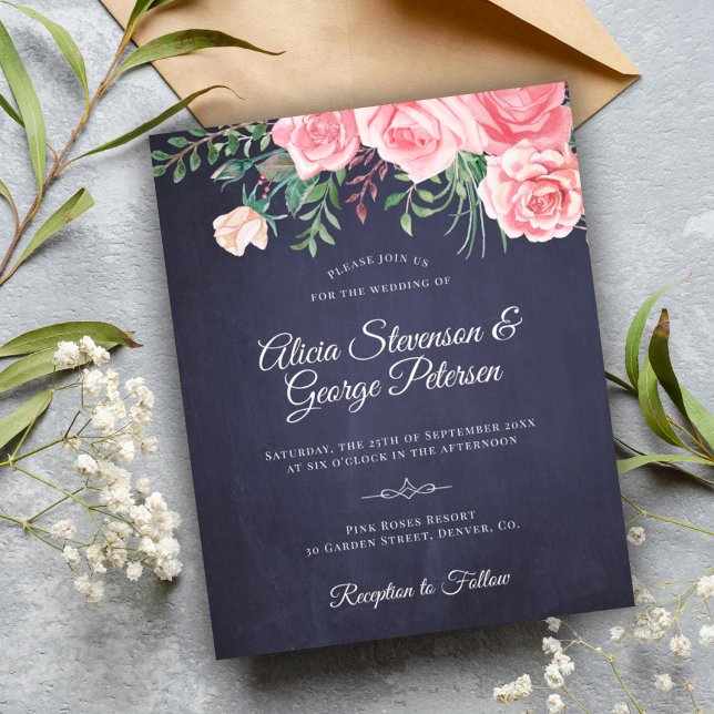 Budget rustic navy pink floral wedding invitation (Creator Uploaded)