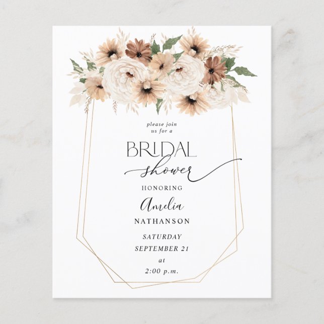 Budget Rustic Neutral Boho Floral Bridal Shower Flyer (Front)