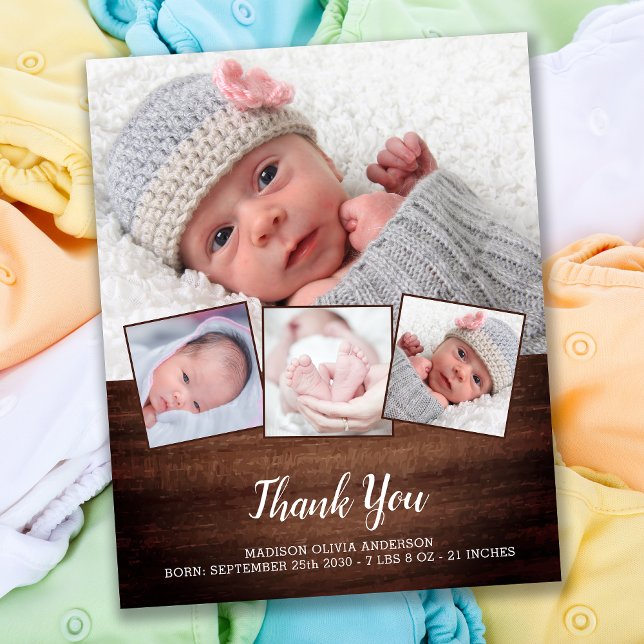 Budget Rustic New Baby 4 Photo Thank You Card (Creator Uploaded)