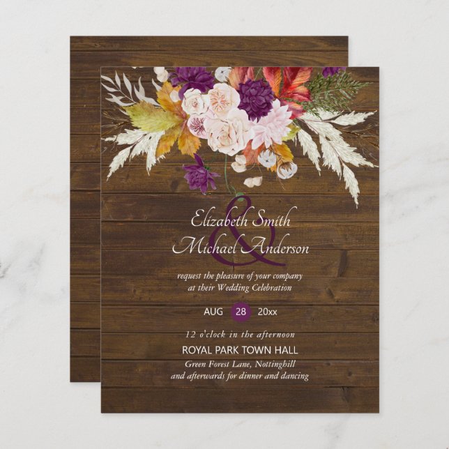 Budget Rustic Plum Blooms Ginger Wedding Invites (Front/Back)