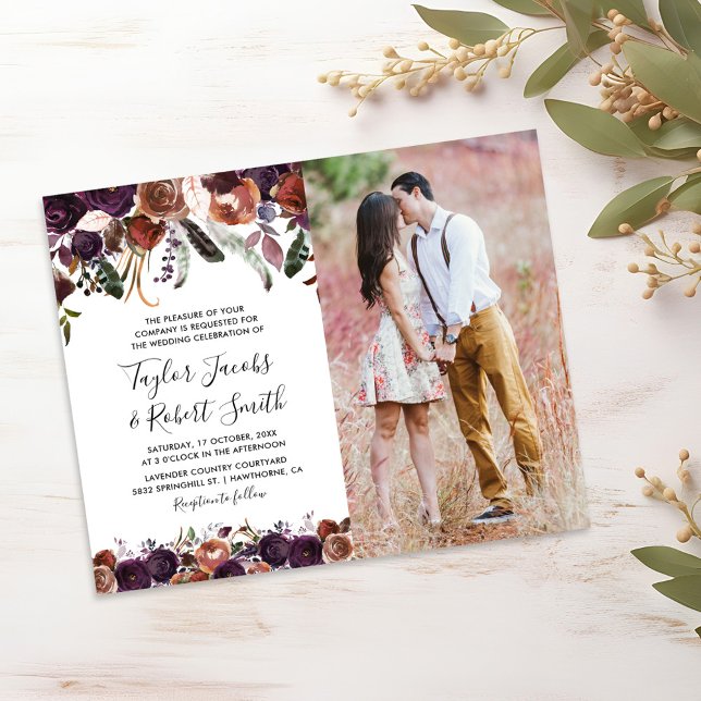 Budget Rustic Plum Floral Photo Wedding Invitation (Creator Uploaded)
