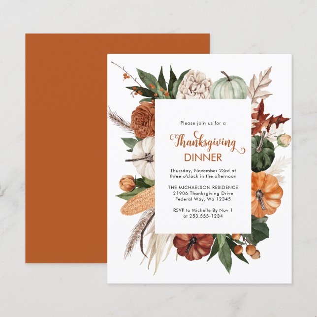 Budget Rustic Pumpkin Thanksgiving Dinner Invite (Front/Back)