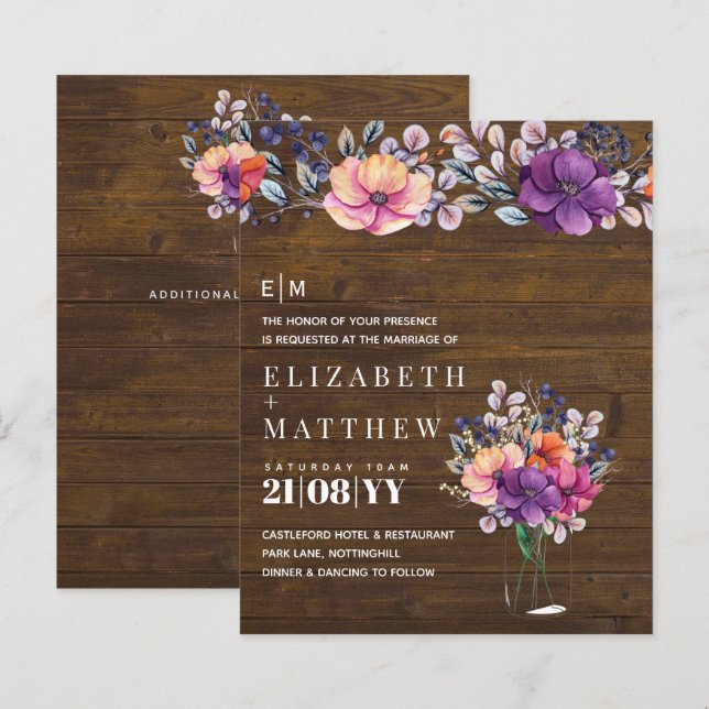 BUDGET Rustic Purple Coral Peach Wedding Invite (Front/Back)
