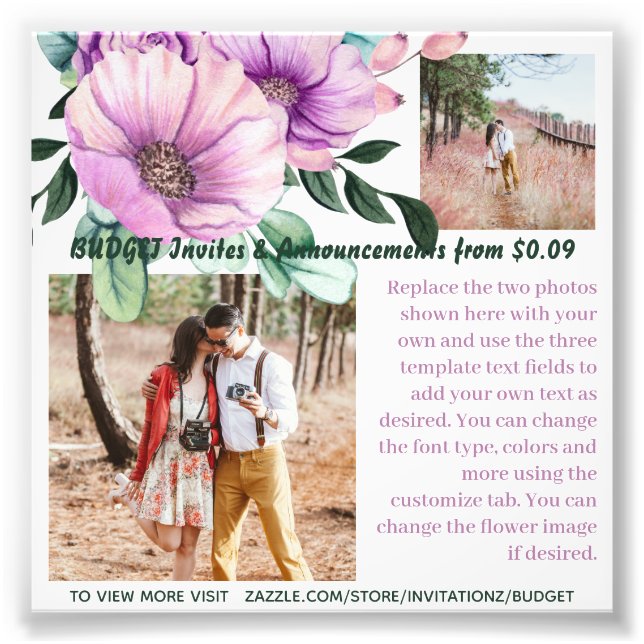 BUDGET Rustic Purple Flowers Photo Text Template (Front)