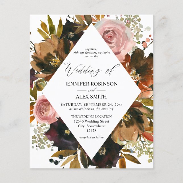Budget Rustic Purple, Pink & Gold Floral Wedding F Flyer (Front)