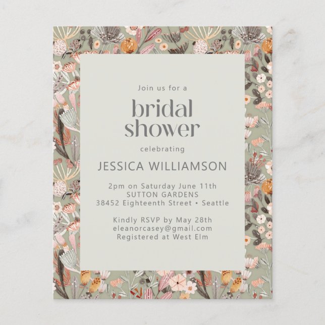Budget Rustic Sage Green Floral Boho Bridal Shower (Front)