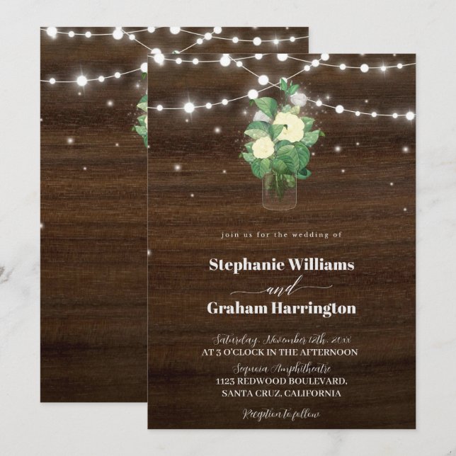 Budget Rustic Script String Lights & Lace Wedding Invitation (Front/Back)
