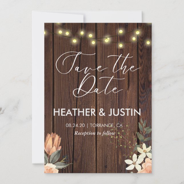 Budget Rustic Script String Lights & Lace Wedding Save The Date (Front)