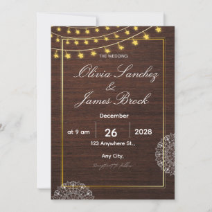 Budget Rustic String Lights and wood wedding Invitation