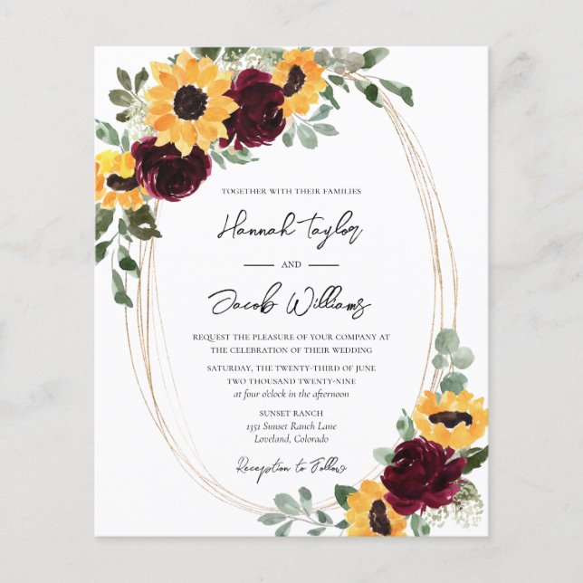 Budget Rustic Sunflower and Roses Wedding Invite (Front)