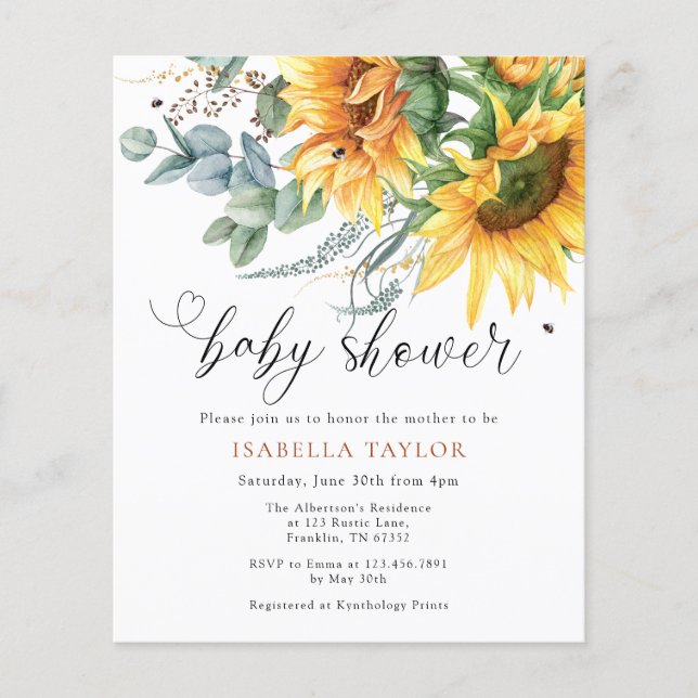 Budget Rustic Sunflower Baby Shower Invitation Flyer (Front)