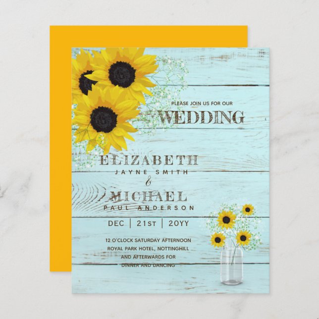 BUDGET Rustic Sunflower BabysBreath Wedding Invite (Front/Back)