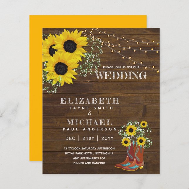 BUDGET Rustic Sunflower BabysBreath Wedding Invite (Front/Back)