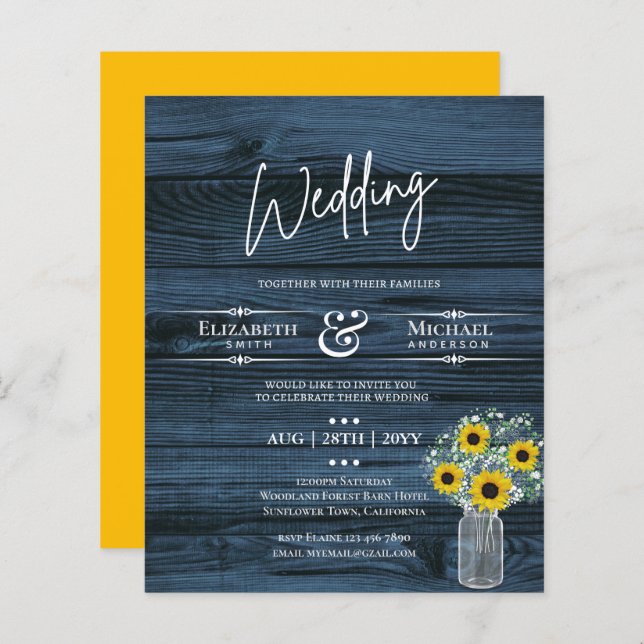 BUDGET Rustic Sunflower Blue Yellow Wedding Invite (Front/Back)
