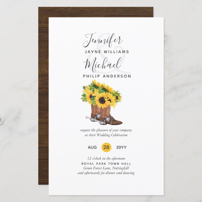 BUDGET Rustic Sunflower Cowboy Boots Wedding Inv (Front/Back)