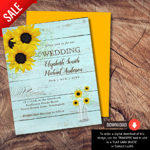 BUDGET Rustic Sunflower Teal Yellow Wedding Invite