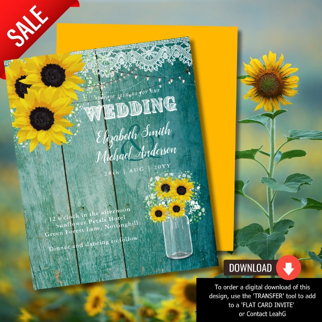BUDGET Rustic Sunflower Teal Yellow Wedding Invite (Creator Uploaded)