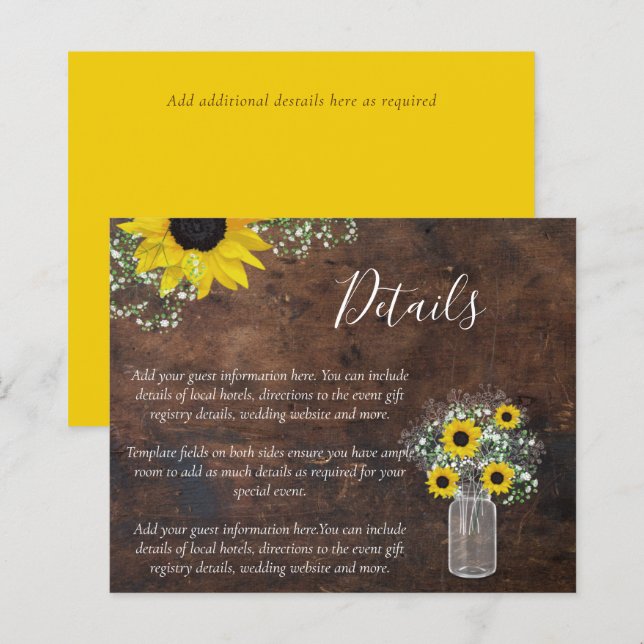 BUDGET Rustic Sunflower Wedding Details Enclosure (Front/Back)