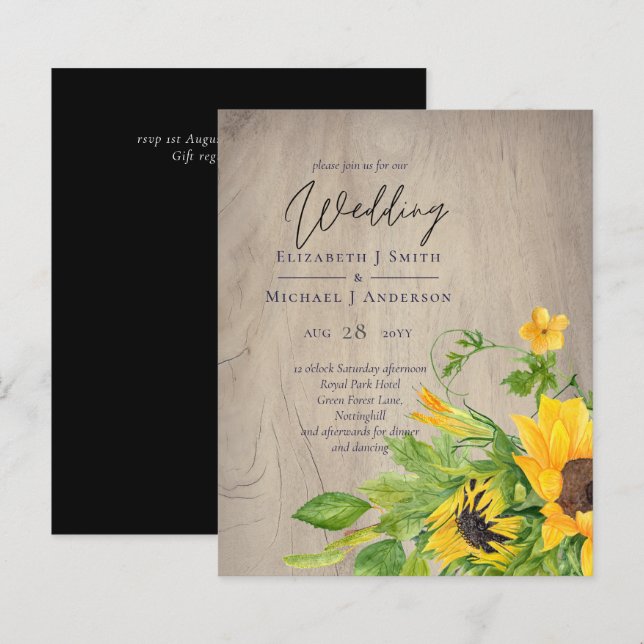 BUDGET Rustic Sunflower Woodland Wedding Invite (Front/Back)