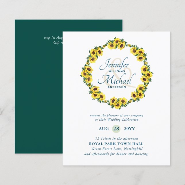 BUDGET Rustic Sunflower Wreath Wedding Invite (Front/Back)