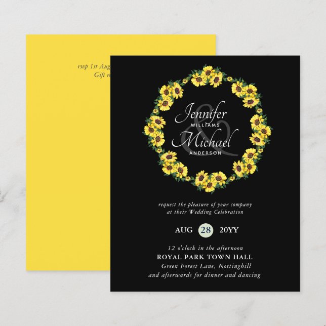 BUDGET Rustic Sunflower Wreath Wedding Invite (Front/Back)