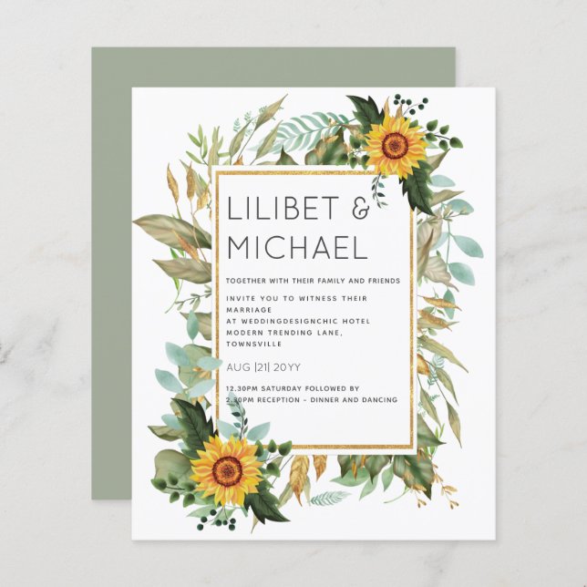 Budget Rustic Sunflowers BOHO Greenery Wedding Inv (Front/Back)