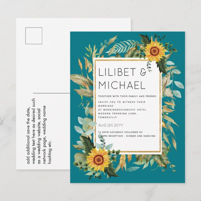 Budget Rustic Sunflowers BOHO Greenery Wedding Inv Postcard (Front/Back)