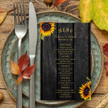 Budget rustic sunflowers chic wedding menu<br><div class="desc">Editable text wedding reception BUDGET affordable menu template card FLYER featuring rustic sunflowers petals on a dark brown barn wood background. Ideal for your summer or autumn fall elegant rustic country outdoor backyard garden or farmhouse wedding. PLEASE READ THIS BEFORE PURCHASING! This is a budget affordable card printed on a...</div>