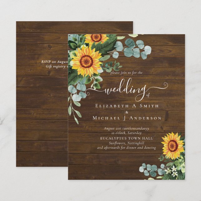 BUDGET Rustic Sunflowers Eucalyptus Leaves Wedding (Front/Back)