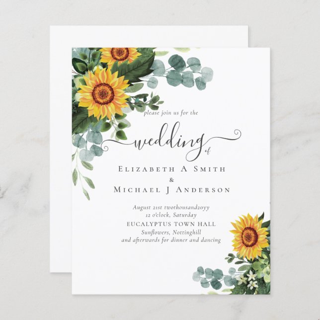 BUDGET Rustic Sunflowers Eucalyptus Leaves Wedding (Front/Back)
