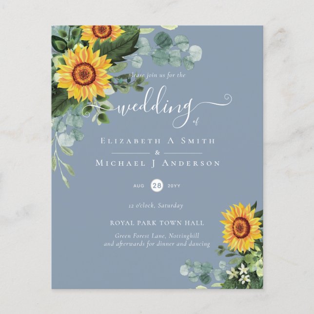 BUDGET Rustic Sunflowers Eucalyptus Leaves Wedding Flyer (Front)
