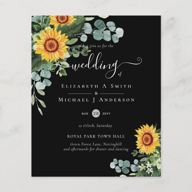 BUDGET Rustic Sunflowers Eucalyptus Leaves Wedding Flyer (Front)