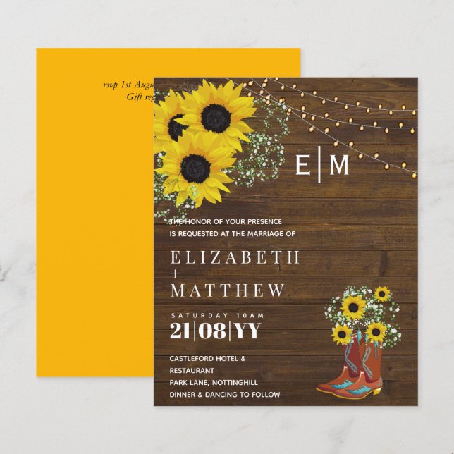 BUDGET Rustic Sunflowers Gypsophila Wedding Invite (Front/Back)