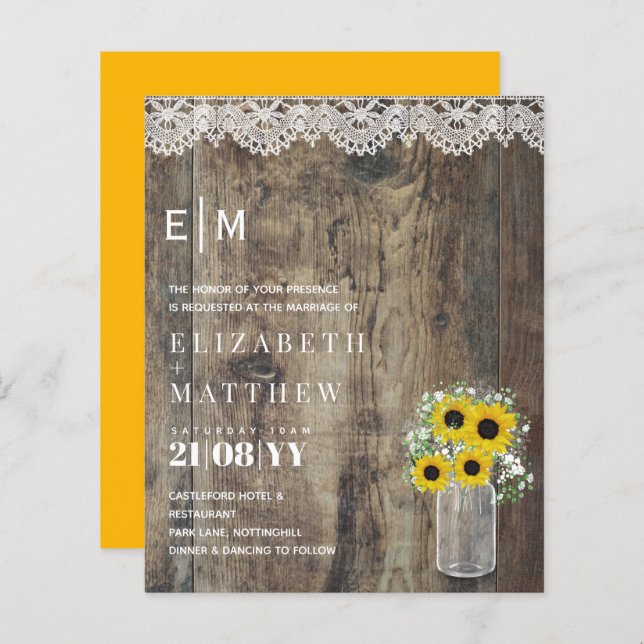 BUDGET Rustic Sunflowers Gypsophila Wedding Invite (Front/Back)