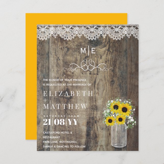 BUDGET Rustic Sunflowers Gypsophila Wedding Invite (Front/Back)